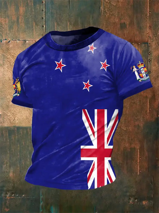 Vintage New Zealand Flag Badge Print Casual Cotton Short Sleeve T-Shirt Blue / S