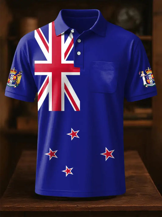 Vintage New Zealand Flag Badge Printed Casual Cotton Short Sleeve Pocket Polo Shirt Blue / S