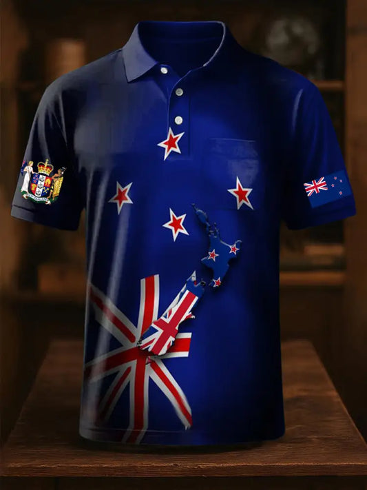 Vintage New Zealand Flag Badge Printed Casual Cotton Short Sleeve Pocket Polo Shirt Blue / S