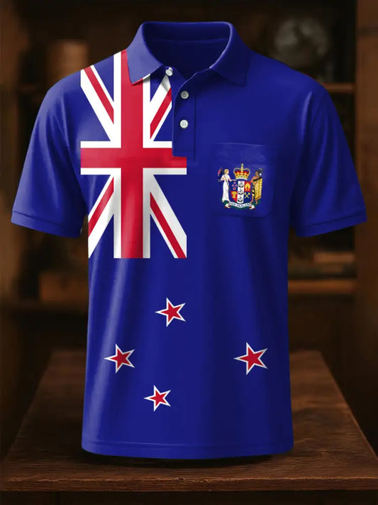 Vintage New Zealand Flag Badge Printed Casual Cotton Short Sleeve Pocket Polo Shirt Blue / S