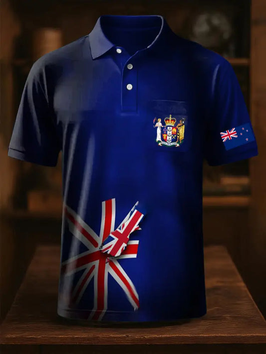 Vintage New Zealand Flag Badge Printed Casual Cotton Short Sleeve Pocket Polo Shirt Blue / S