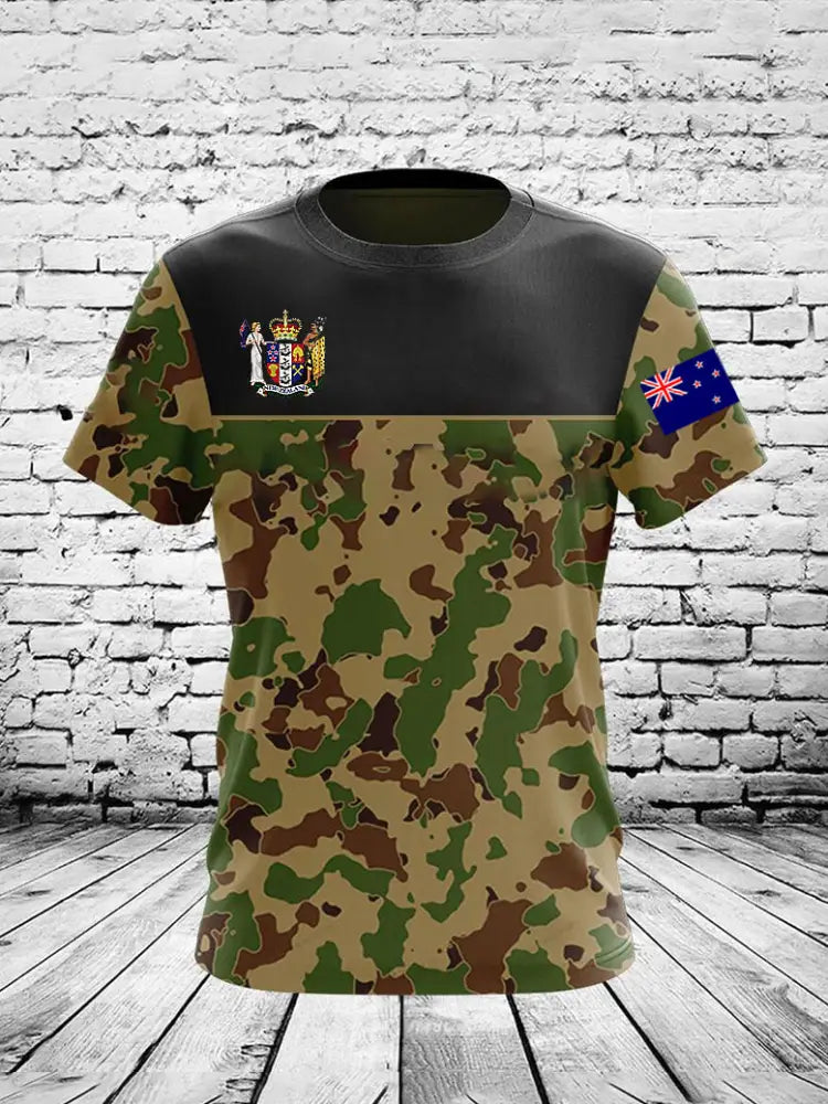Vintage New Zealand Flag Camouflage Veteran Print Casual Cotton Short Sleeve T-Shirt Green / S