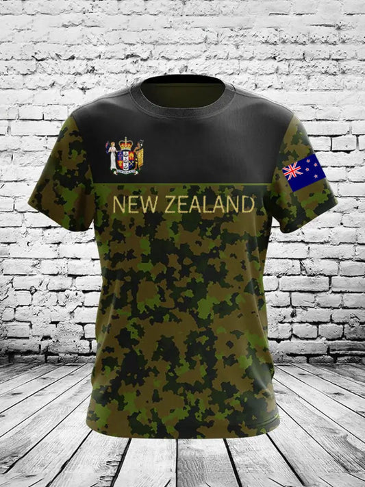 Vintage New Zealand Flag Camouflage Veteran Print Casual Cotton Short Sleeve T-Shirt Green / S