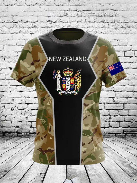 Vintage New Zealand Flag Camouflage Veteran Sport Patchwork Print Casual Cotton Short Sleeve T-Shirt Green / S