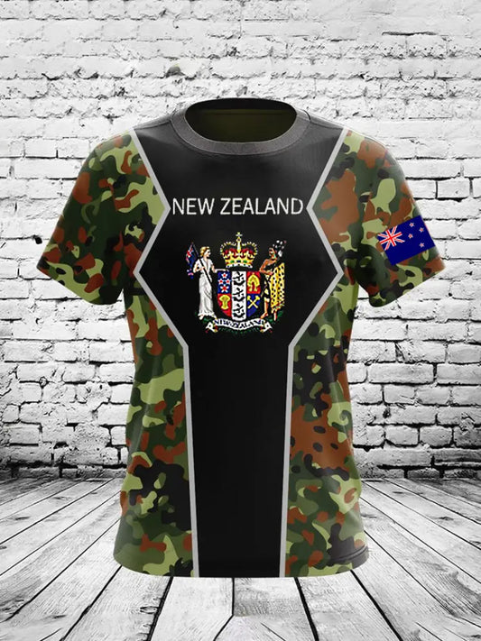 Vintage New Zealand Flag Camouflage Veteran Sport Patchwork Print Casual Cotton Short Sleeve T-Shirt Green / S