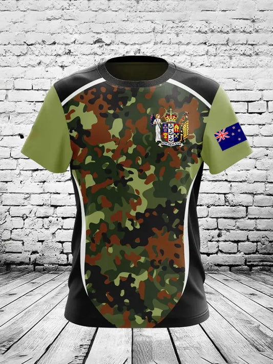Vintage New Zealand Flag Camouflage Veteran Sport Patchwork Print Casual Cotton Short Sleeve T-Shirt Green / S