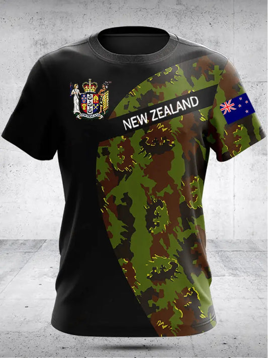 Vintage New Zealand Flag Crest Camouflage Patchwork Abstract Print Casual Cotton Short Sleeve T-Shirt Green / S