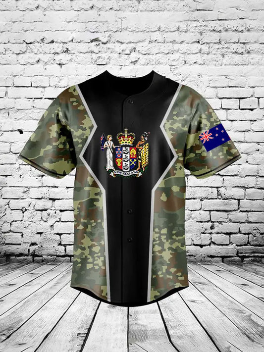 Vintage New Zealand Flag Crest Camouflage Patchwork Print Casual Cotton Short Sleeve Shirt Baseball Jersey Green / S