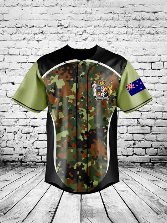 Vintage New Zealand Flag Crest Camouflage Patchwork Print Casual Cotton Short Sleeve Shirt Baseball Jersey Green / S