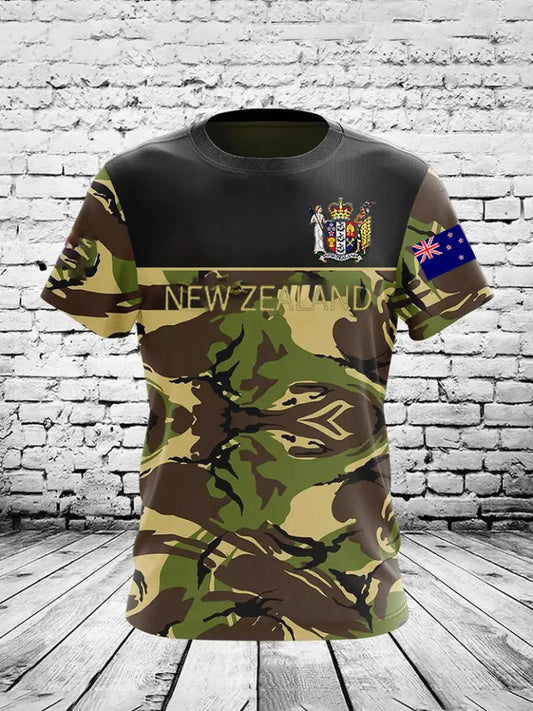 Vintage New Zealand Flag Crest Camouflage Patchwork Print Casual Cotton Short Sleeve T-Shirt Green / S