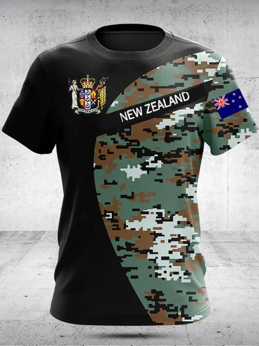 Vintage New Zealand Flag Crest Camouflage Patchwork Print Casual Cotton Short Sleeve T-Shirt Green / S