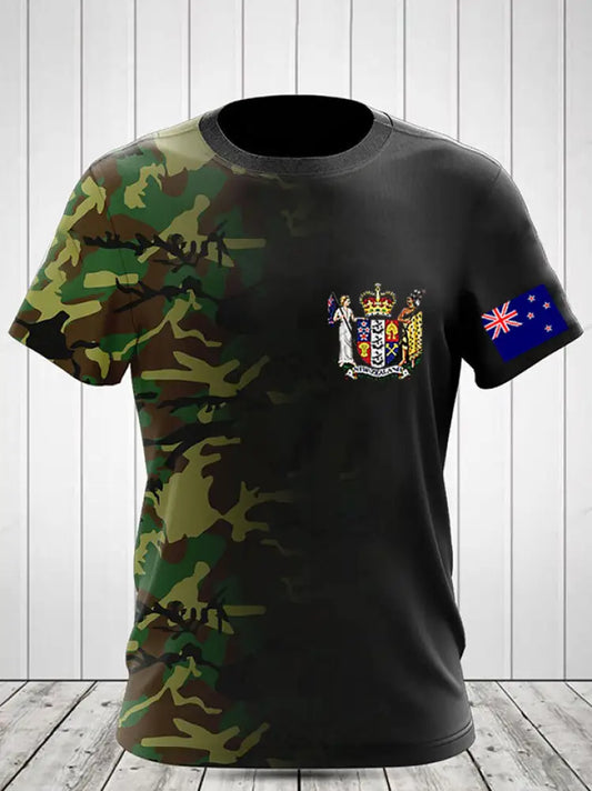 Vintage New Zealand Flag Crest Camouflage Patchwork Print Casual Cotton Short Sleeve T-Shirt Green / S