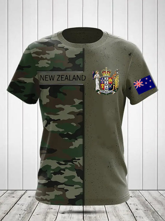 Vintage New Zealand Flag Crest Camouflage Patchwork Print Casual Cotton Short Sleeve T-Shirt Green / S
