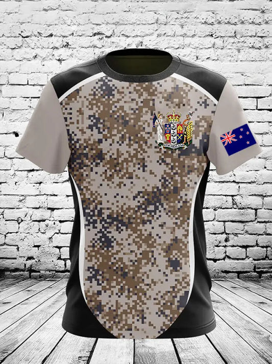 Vintage New Zealand Flag Crest Camouflage Patchwork Print Casual Cotton Short Sleeve T-Shirt Khaki / S