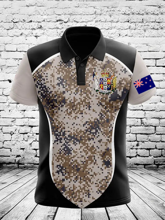 Vintage New Zealand Flag Crest Camouflage Patchwork Printed Casual Cotton Short Sleeve Polo Shirt Green / S