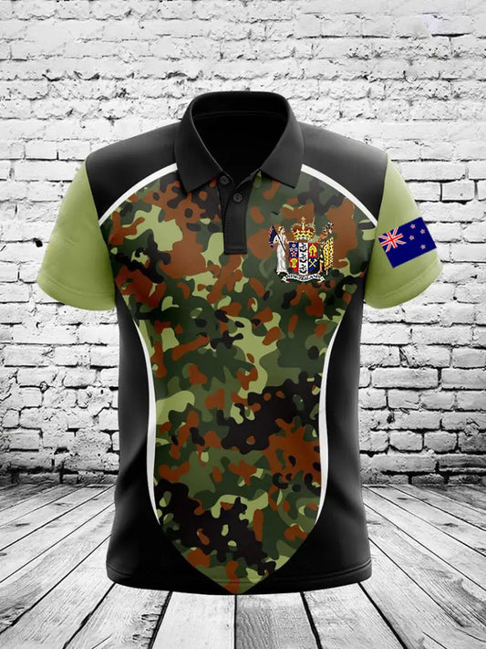Vintage New Zealand Flag Crest Camouflage Patchwork Printed Casual Cotton Short Sleeve Polo Shirt Green / S