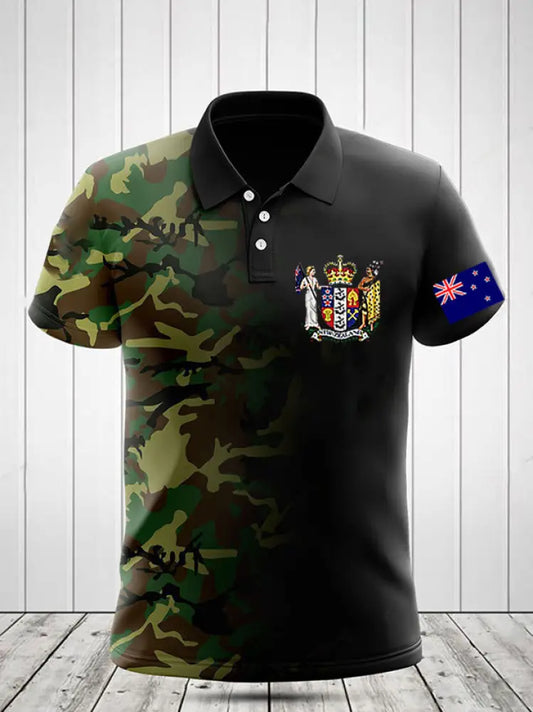 Vintage New Zealand Flag Crest Camouflage Patchwork Printed Casual Cotton Short Sleeve Polo Shirt Green / S