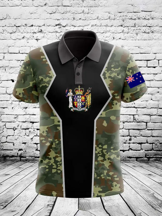 Vintage New Zealand Flag Crest Camouflage Patchwork Printed Casual Cotton Short Sleeve Polo Shirt Green / S