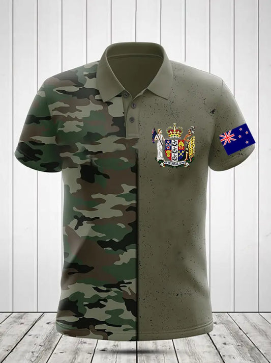 Vintage New Zealand Flag Crest Camouflage Patchwork Printed Casual Cotton Short Sleeve Polo Shirt Green / S