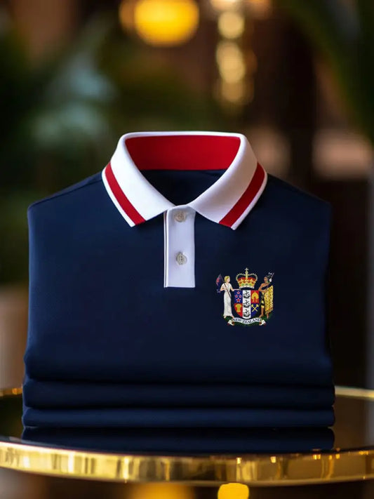 Vintage New Zealand Flag Crest Printed Casual Cotton Short Sleeve Polo Shirt Dark Blue / S