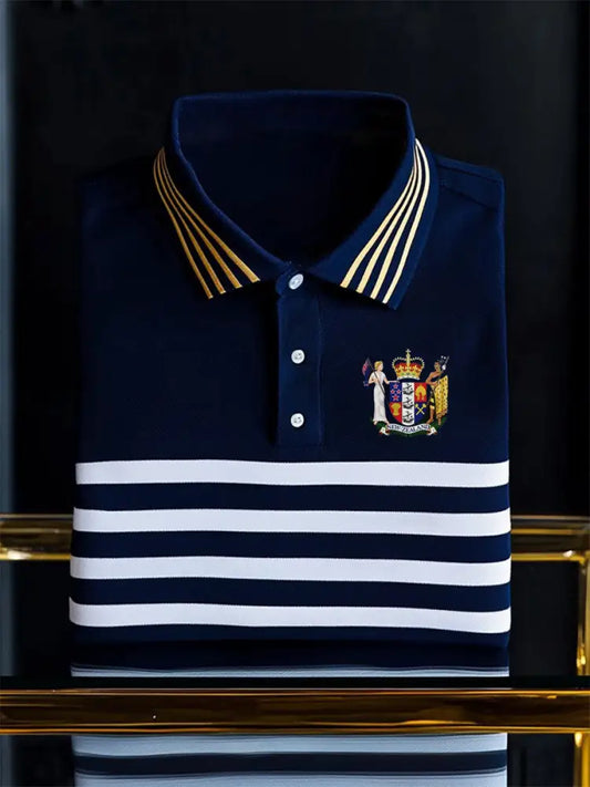 Vintage New Zealand Flag Crest Stripe Printed Casual Cotton Short Sleeve Polo Shirt Dark Blue / S