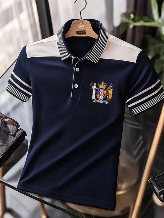 Vintage New Zealand Flag Crest Stripe Printed Casual Cotton Short Sleeve Polo Shirt Dark Blue / S