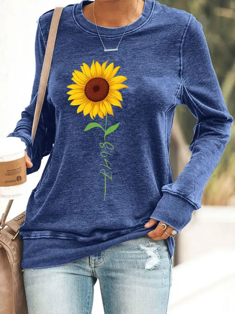 Women’s 8647 Sunflower Print Casual Sweatshirt Blue / S