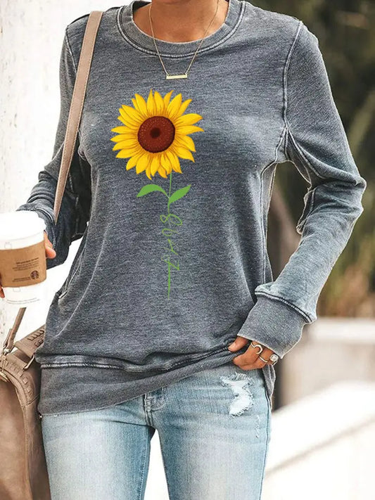 Women’s 8647 Sunflower Print Casual Sweatshirt Gray / S