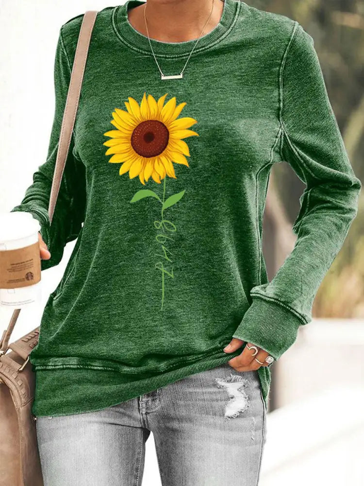 Women’s 8647 Sunflower Print Casual Sweatshirt Green / S