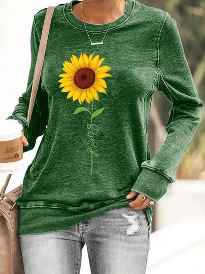 Women’s 8647 Sunflower Print Casual Sweatshirt Green / S