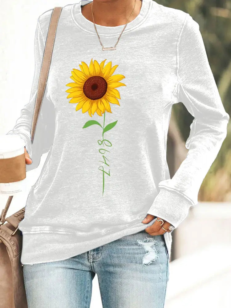Women’s 8647 Sunflower Print Casual Sweatshirt White / S
