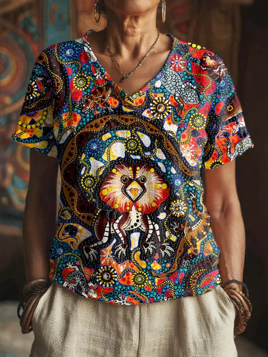 Women’s Aboriginal lizard art print V-neck tops As picture / S