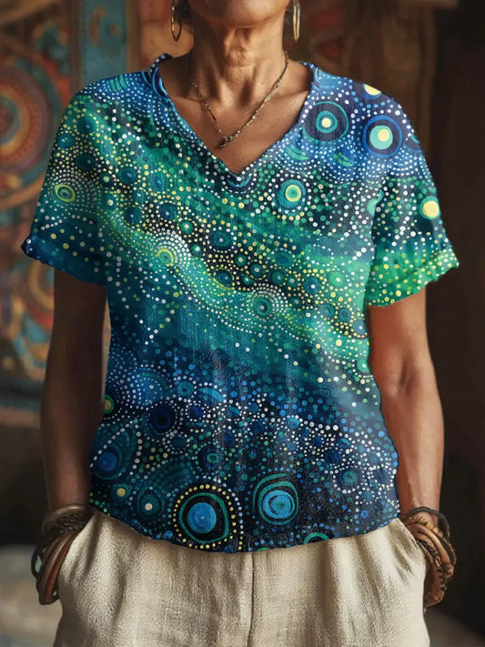 Women’s Aboriginal marine art print V-neck tops Blue-Green / S