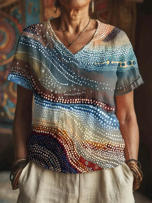 Women’s Aboriginal River Art Print V-Neck Tops As picture / S