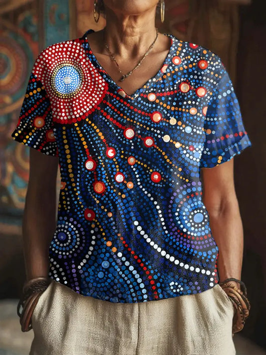 Women’s Aboriginal sun art print V-neck tops Blue / S