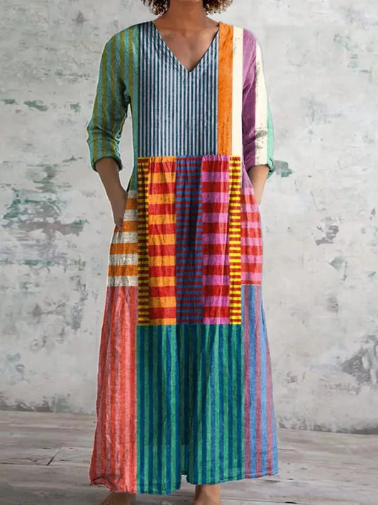 Women’s Abstract Geometric Pattern Art Print Cotton Linen Pocket Tunic Dress Colorful / S Women’s Clothing