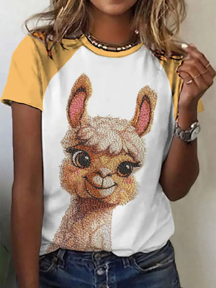Women’s alpaca print casual T-shirts Yellow / S