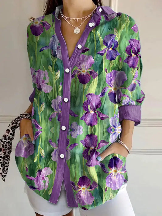 Women’s Alzheimer’s Awareness Purple Floral Iris Printed Shirt Purple / S Women’s Clothing