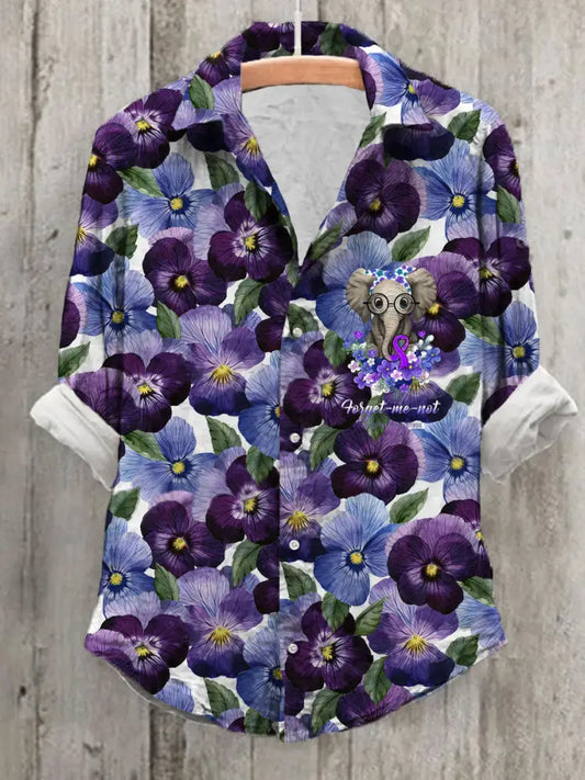 Women’s Alzheimer’s Awareness Purple Floral Pansy Forget Me Not Printed Top Purple / S Women’s Clothing