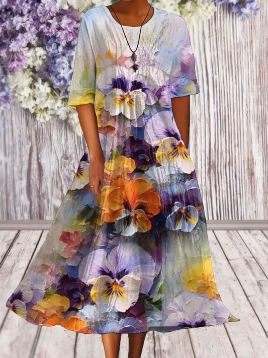 Women’s Alzheimer’s Awareness Purple Floral Pansy Printed Dress Purple / S Women’s Clothing