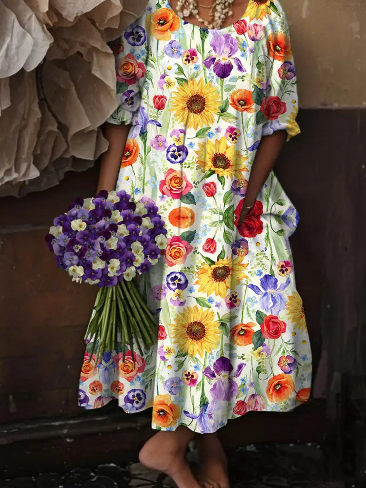 Women’s Alzheimer’s Awareness Purple Floral Pansy Printed Long Sleeve Dresses Creamy-White / S