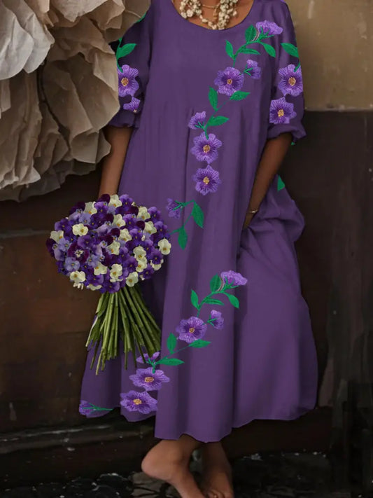Women’s Alzheimer’s Awareness Purple Floral Pansy Printed Long Sleeve Dresses Purple / S