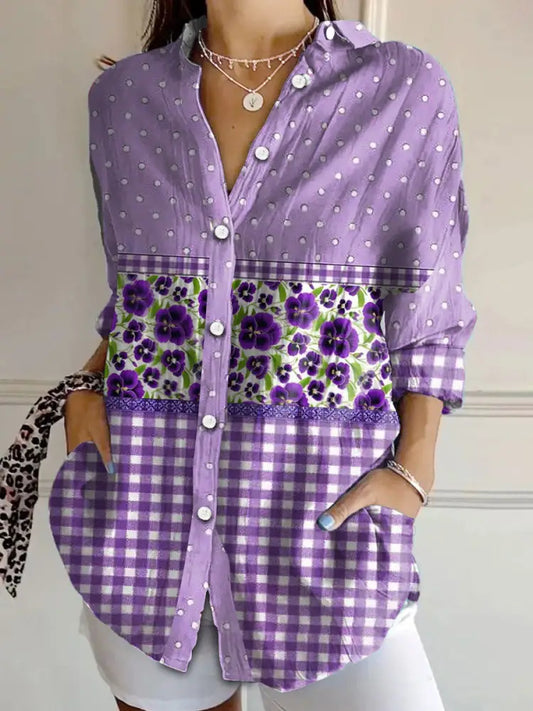 Women’s Alzheimer’s Awareness Purple Floral Pansy Printed Shirt Purple / S Women’s Clothing