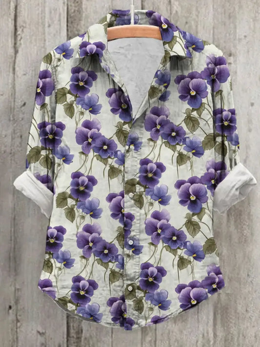 Women’s Alzheimer’s Awareness Purple Floral Pansy Printed Top White / S Women’s Clothing