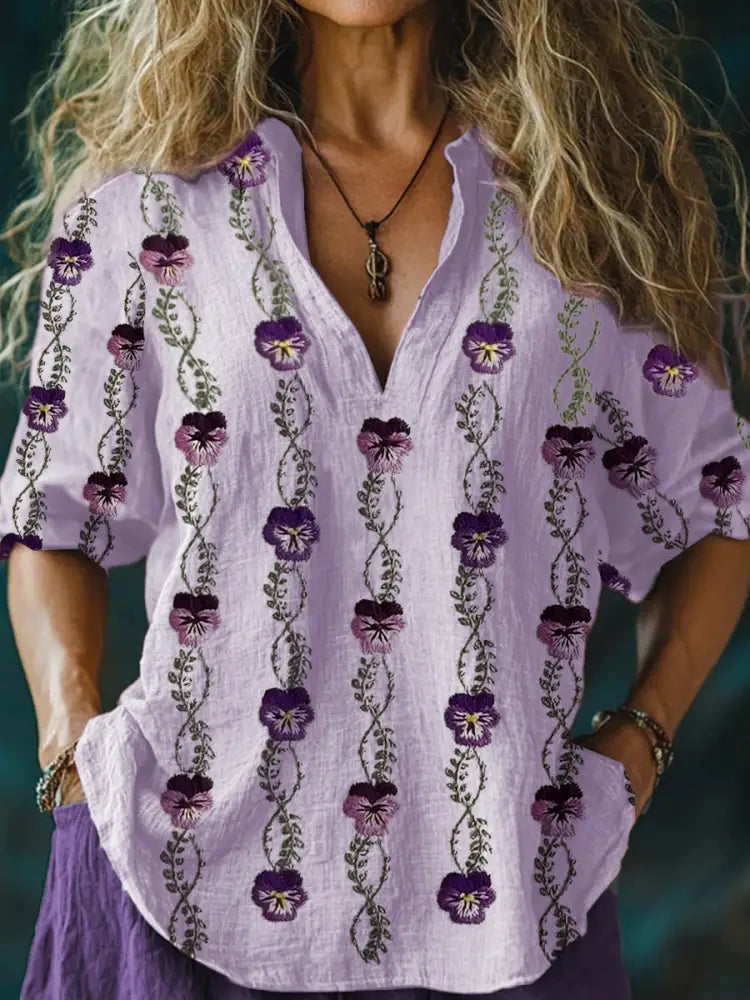 Women’s Alzheimer’s Awareness Purple Floral Printed O-Neck Cotton Linen Comfortable Long Sleeve Shirt Lavender / S