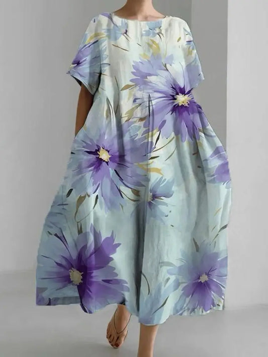 Women’s Alzheimer’s Awareness Purple Floral Printed V-Neck Cotton Linen Comfortable Short Sleeve Maxi Dress Purple / S