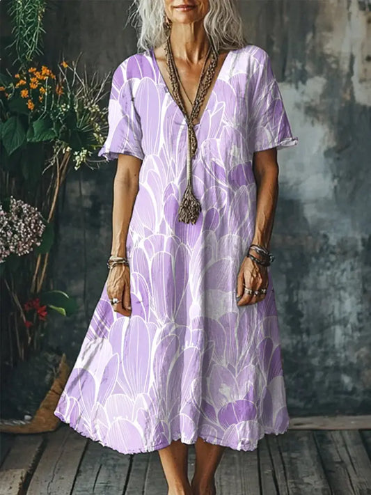 Women’s Alzheimer’s Awareness Purple Flower Printed Cotton Linen Long Sleeve Maxi Dress Purple / S