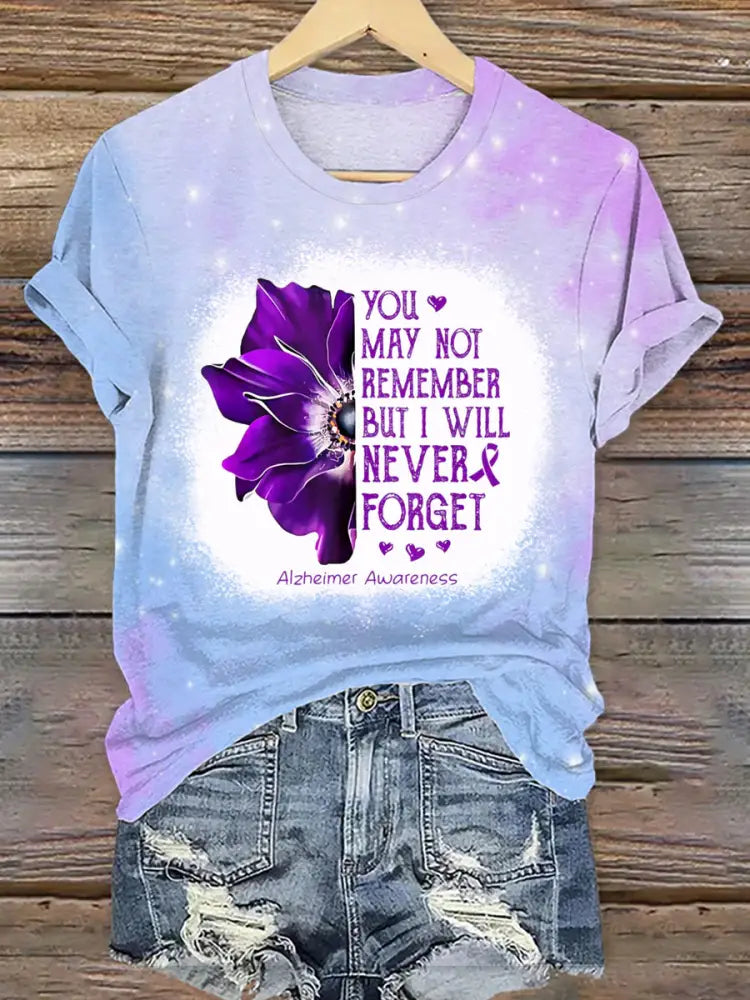 Women’s Alzheimer’s Awareness You May Not Remember But I will Never Forget Print T-Shirt Lavender / S Women’s Clothing