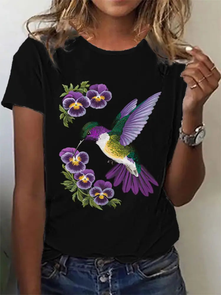 Women’s Alzheimer’s Hummingbird and Flowers Print T-Shirt Black / S