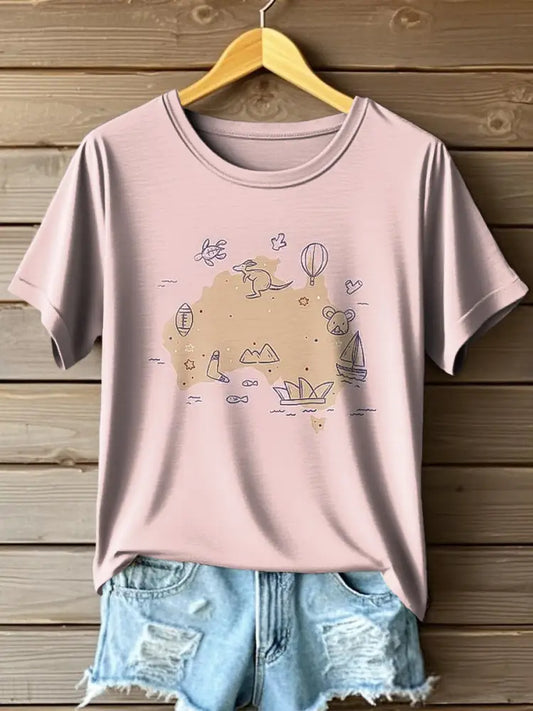 Women’s Australia Map Kangaroo Art Print Crew Neck T-Shirt Colorful / S
